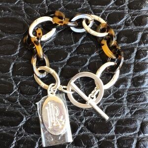 Lauren Ralph Lauren Tortoise Link Toggle Bracelet Silvertone Logo Charm NWOT